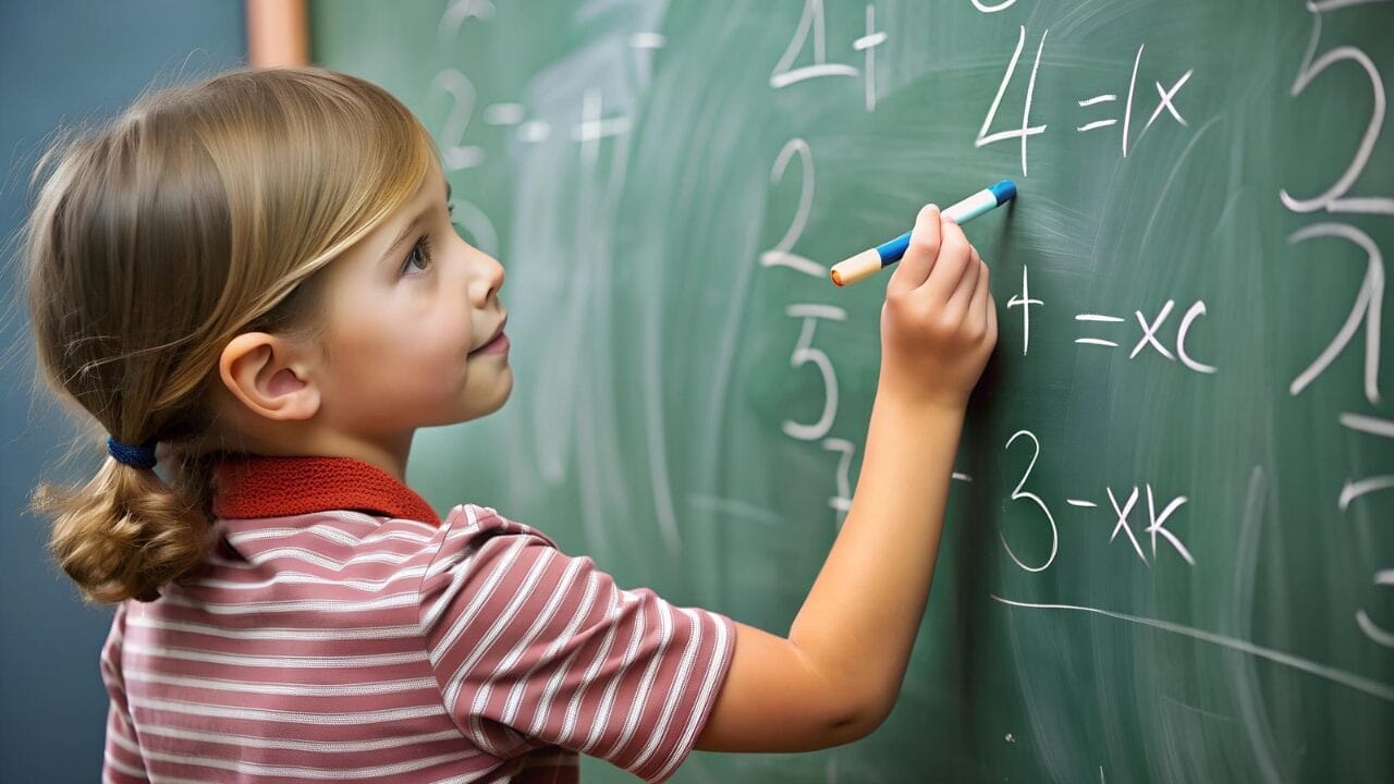Ein Mädchen löst Mathe-Aufgaben am Taffel.
